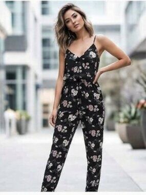 Forever 21 Lorena Rose Size S Black Rose Print Elastic Waist Pockets Jumpsuit
